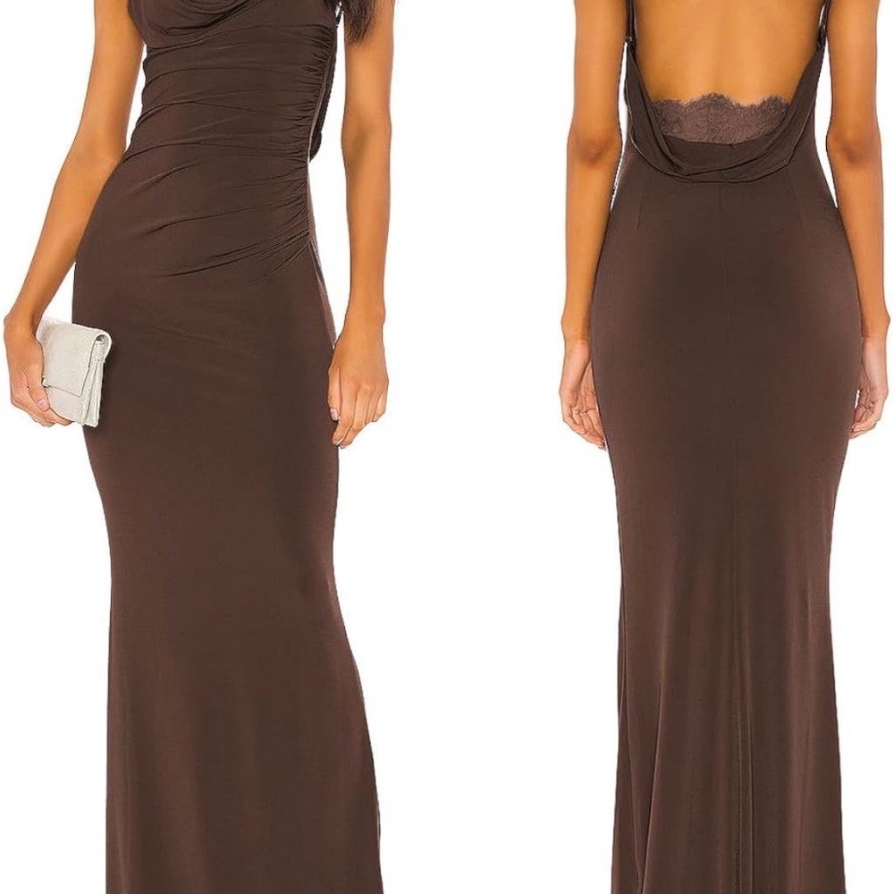 Elegant Brown Cowl-Back Maxi Dress